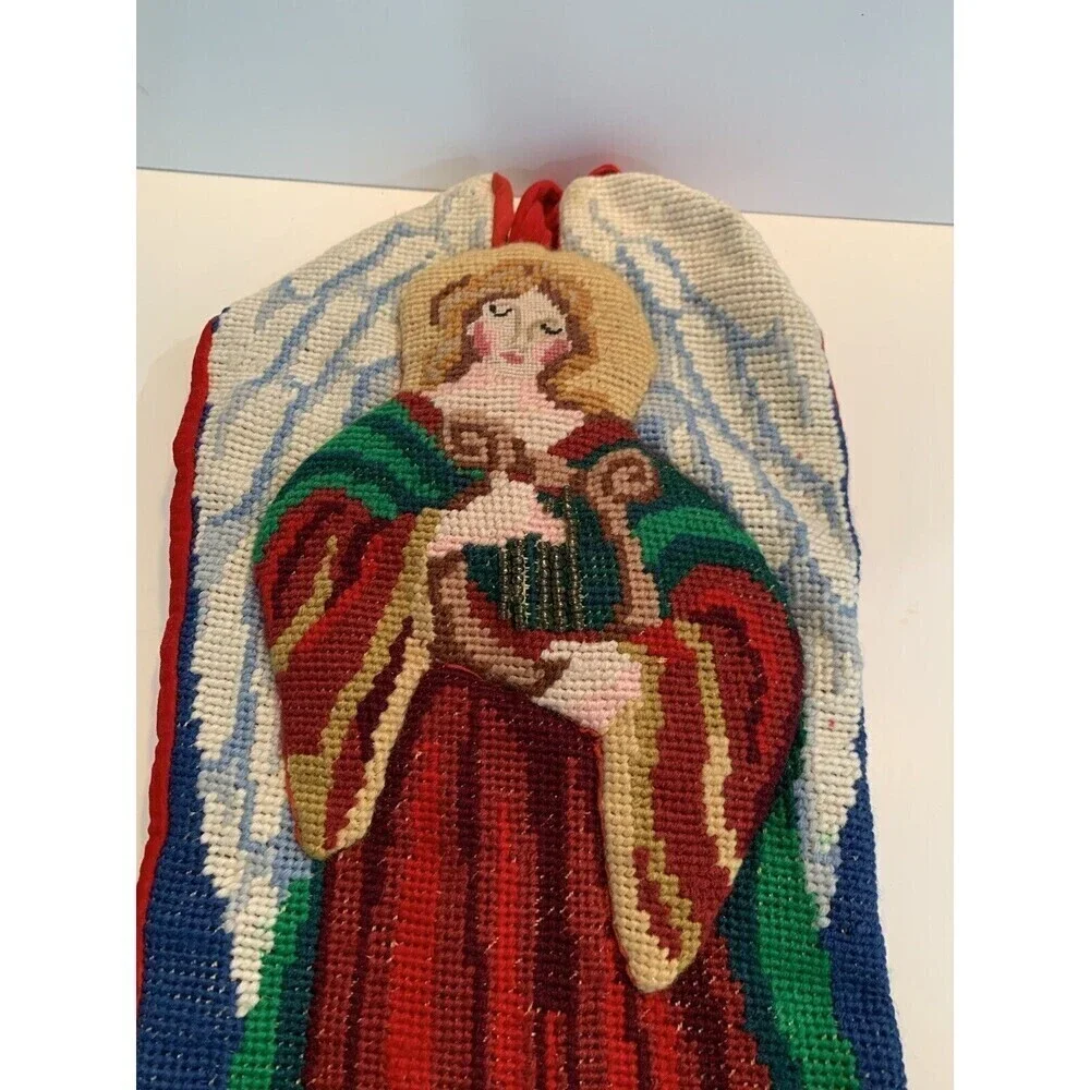 Vtg Needlepoint Christmas Stockings Red Velvet Angel Handmade Set 2 Christmas